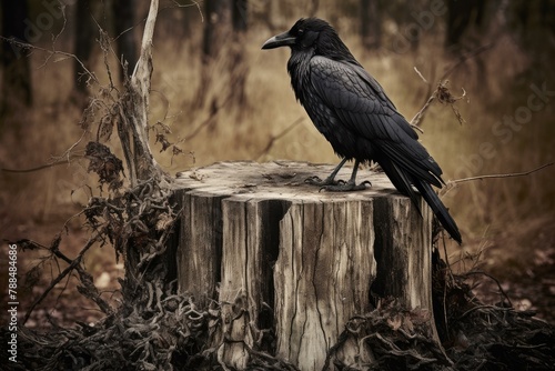 Watchful Raven on old stump. Nature avian fly beak forest. Generate Ai
