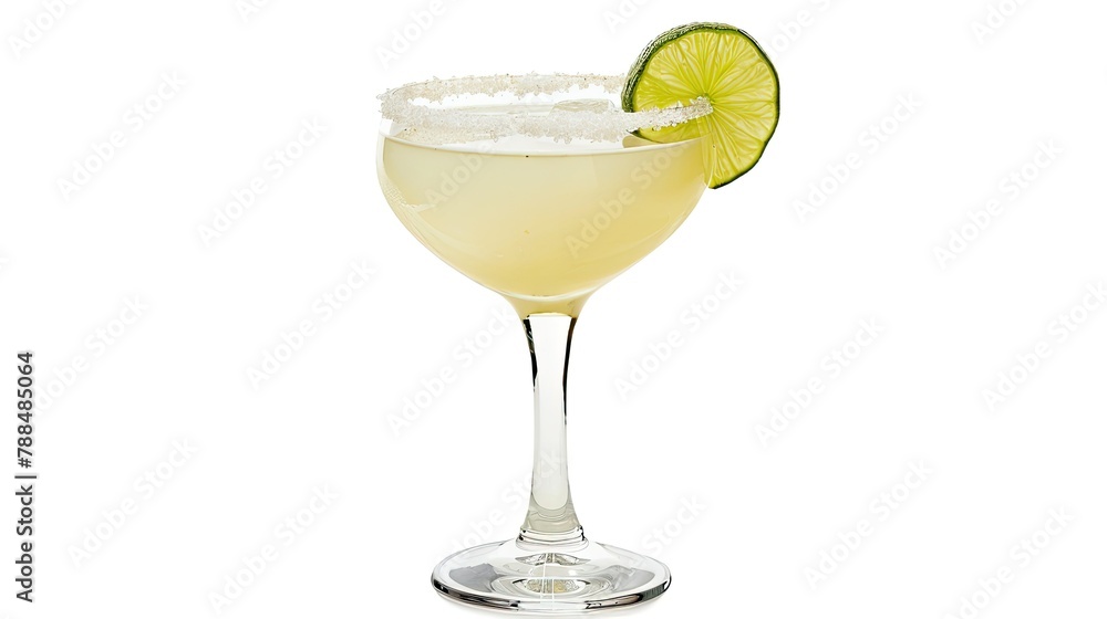 An enticing Tequila Margarita cocktail complete with a salty rim and a garnish of fresh lime served in a stylish pint glass against a pristine white backdrop An enticing Tequila Margarita cocktail complete with a salty rim and a garnish of fresh lime served in a stylish pint glass against a pristine white backdrop