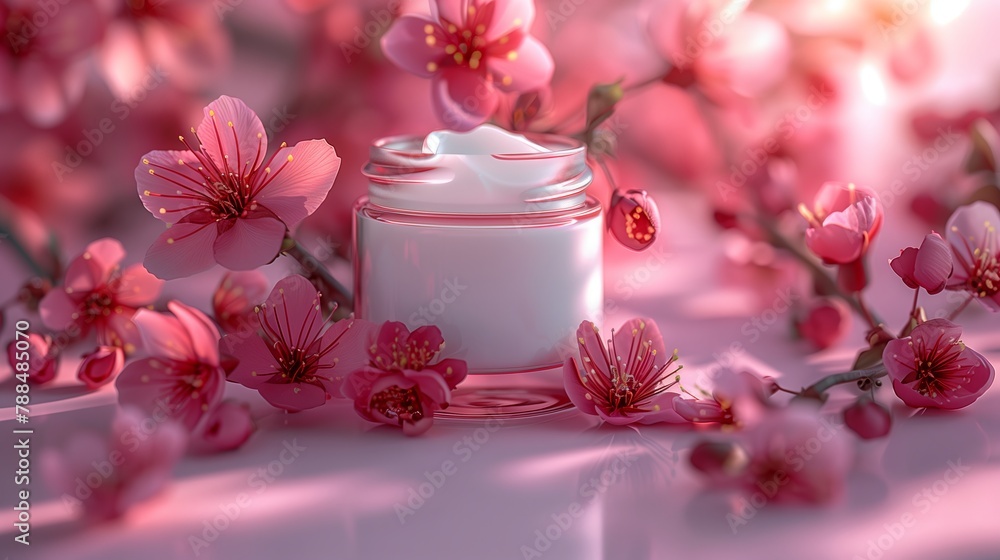 A small can of white moisturizer on a few pink cherry blossoms background. Generated by artificial intelligence. A small can of white moisturizer on a few pink cherry blossoms background. Generated by artificial intelligence.