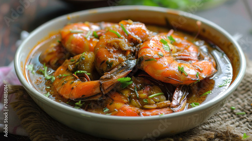 Classic bangladeshi cuisine: succulent prawns in a rich, spicy curry, served in a rustic bowl