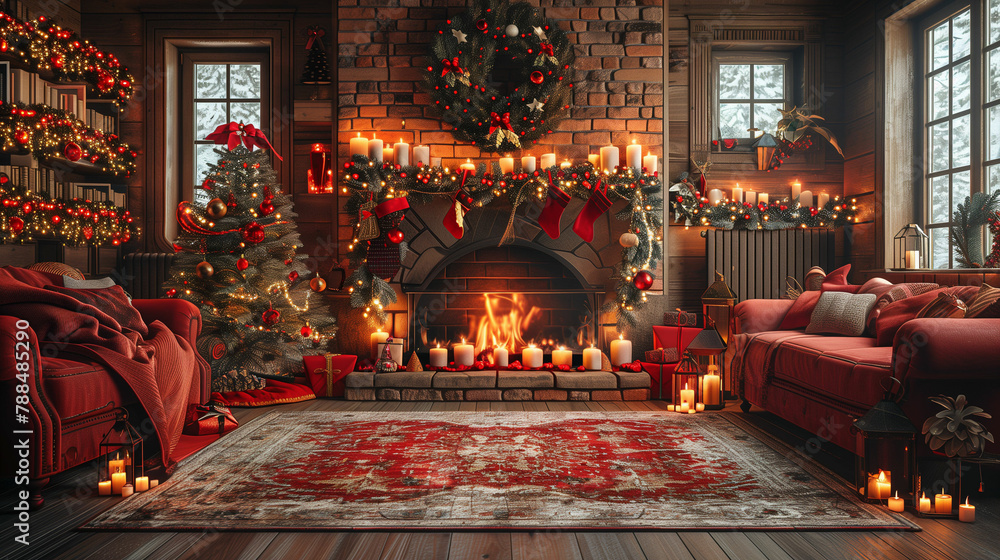 Festive living room with fireplace decorated for christmas. Generative AI