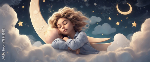 A cute girl sleeps on a cloud between the moon, earth and Mars