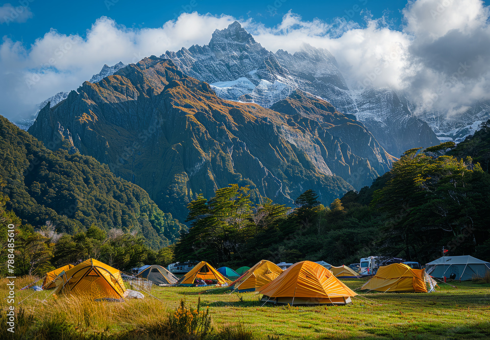 A group of yellow tents are set up in a grassy field, with a mountain range in the background.