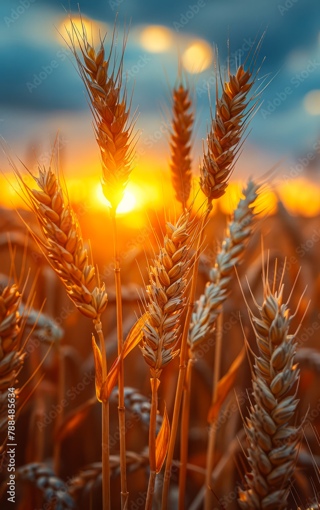 Obraz premium A field of golden wheat with the sun shining on it. The sun is setting, casting a warm glow on the wheat