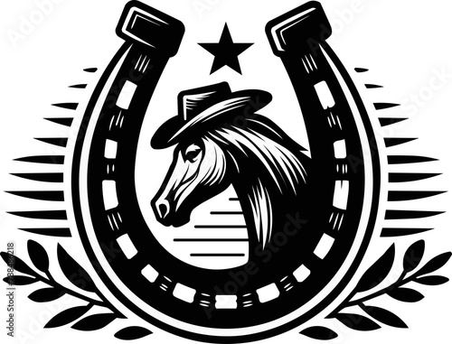 Country style illustration with horseshoe and horse with hat.
