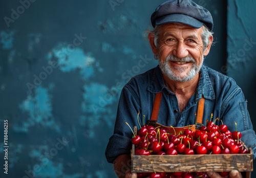 A man is holding a crate full of cherries. He is smiling and he is happy