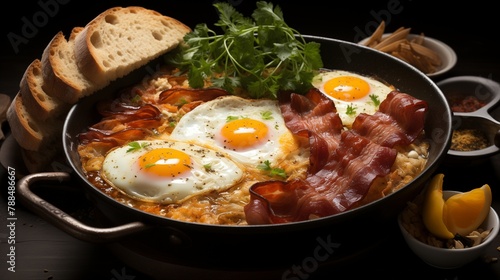 Premium Food Photography of Breakfast, Bread, Fried Eggs, and Ham.