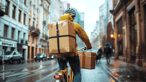 A man on a bicycle is carrying a box on his back