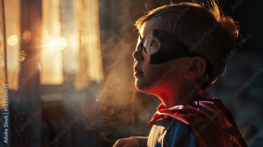 A young boy in a superhero costume is looking out the window at the sun A young boy in a superhero costume is looking out the window at the sun