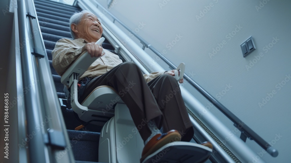 An elderly man is sitting in a stair lift