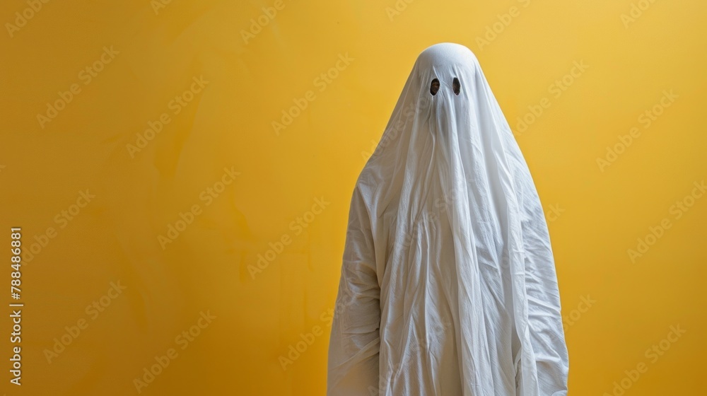 A person in a white ghost costume stands in front of a yellow wall