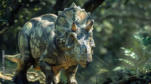 A dinosaur with a horn on its head is walking through a forest © esp2k