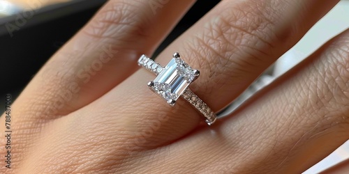 Engagement luxury diamond ring on woman finger closeup, baguette and solitaire diamond ring on woman fingers. photo