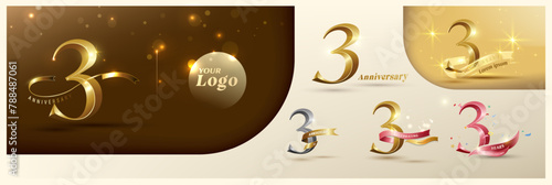 3rd anniversary logotype modern gold number with shiny ribbon. alternative logo number Golden anniversary celebration