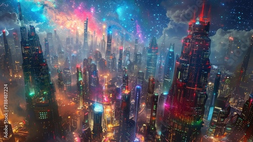 A mesmerizing view of an alien cityscape, with colorful skyscrapers and bustling streets stretching out beneath the glow of distant stars, creating a vibrant metropolis in the heart of the cosmos.