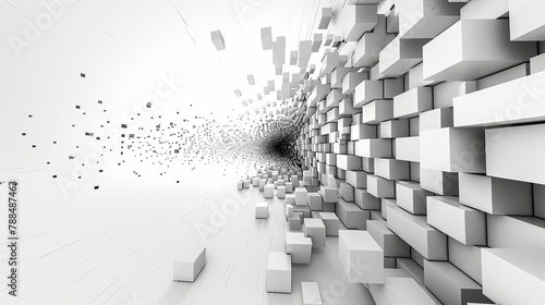 A digital artwork of a 3D tunnel vortex with cubic elements, Abstract 3D Vortex Tunnel.