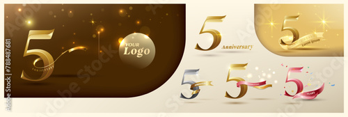 5th anniversary logotype modern gold number with shiny ribbon. alternative logo number Golden anniversary celebration