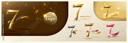 7th anniversary logotype modern gold number with shiny ribbon. alternative logo number Golden anniversary celebration
