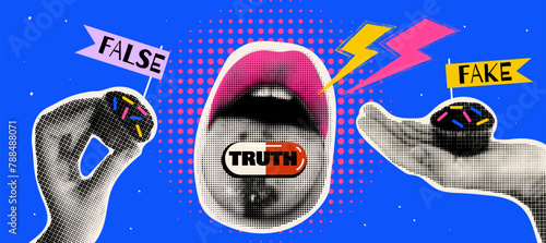 Halftone collage False, Truth information. Choose the truth vector illustration. Fake news concept