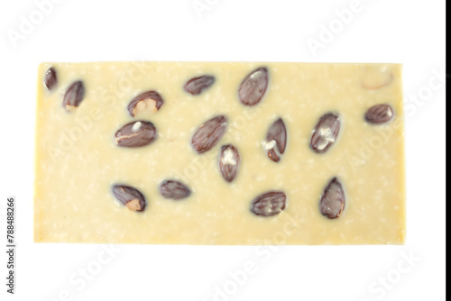 bar of white chocolate with nuts on a white background.