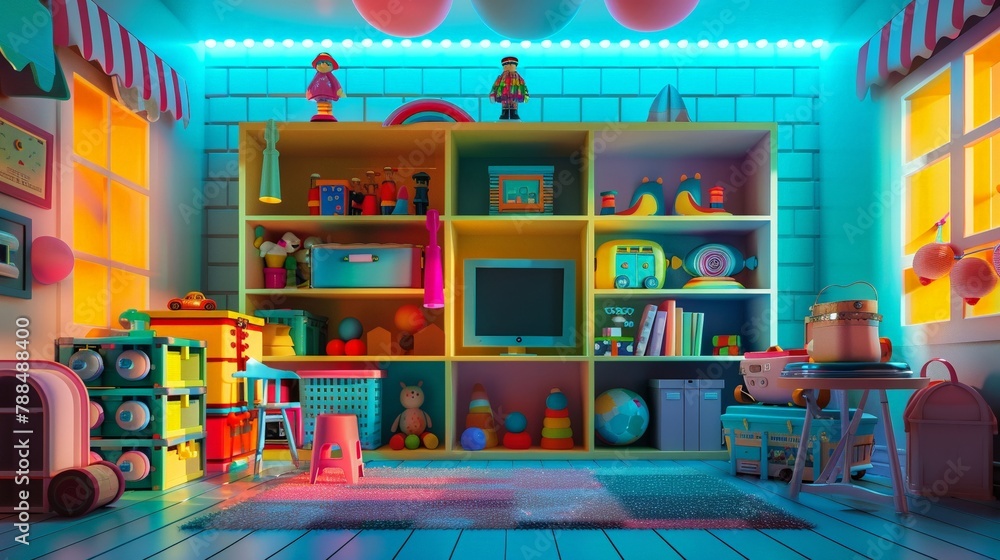 Toy room in micro scale, vibrant colors, soft lighting, wide lens, Toy room in micro scale, vibrant colors, soft lighting, wide lens,
