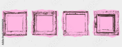 A set of vintage antique frames in a trendy halftone collage pop art style. Retro dotted texture for poster art or social media. Vector illustration with torn edge paper. 