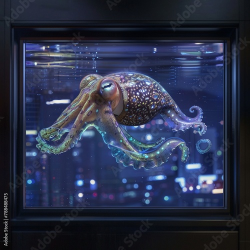 A cuttlefish floating outside a panoramic window, its form a stark contrast to the cybernetic interior, symbolizing the blend of natural and futuristic,