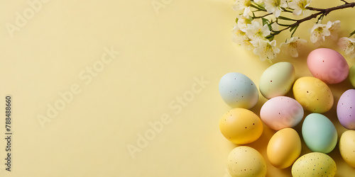 easter eggs with flowers on yellow background 
