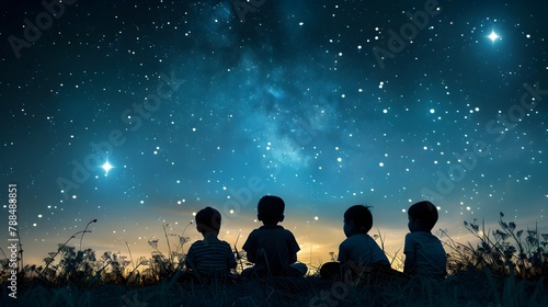Children Silhouettes Gazing at Stars: A Peaceful Night of Stargazing and Wonder