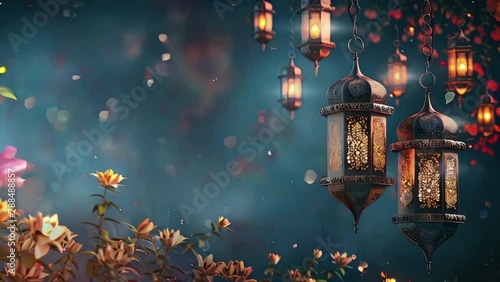 Ramadan Kareem blue greeting card of beautiful Arabic lantern photo