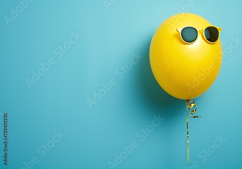 yellow balloon with sunglasses on it on blue background