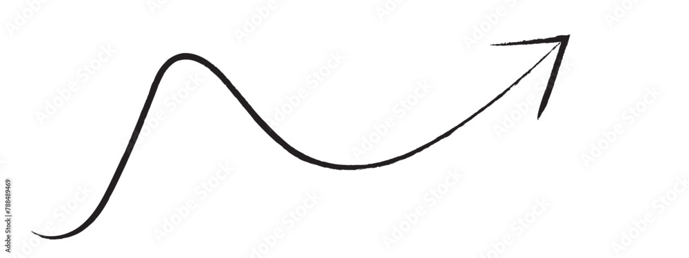 Black hand-drawn brush stroke arrow on a white background. Black hand-drawn brush stroke arrow on a white background.
