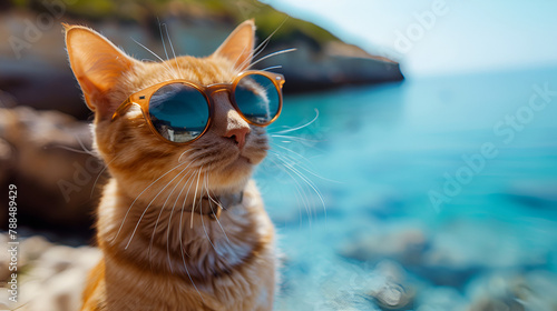 Cat wearing sunglasses relaxing in the sea background, generative ai