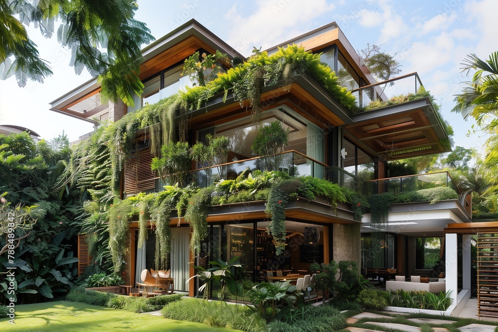 modern, ecofriendly house with lush greenery and sustainable design elements. The exterior is adorned with vertical gardens, creating an atmosphere of natural beauty and harmony