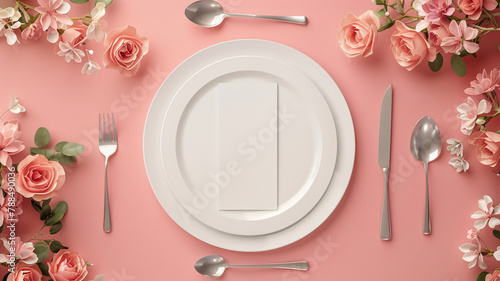 table setting mockup text copy space card plates, golden cutlery, and delicate floral arrangements, ready for a luxurious dining experience or a festive wedding banquet.