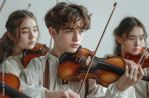 A young male violinist playing alongside two female violinists, all focused and dressed in light attire.