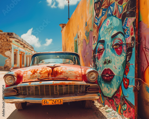 old car in a street standing next to a graffiti covered wall showing a woman's face 