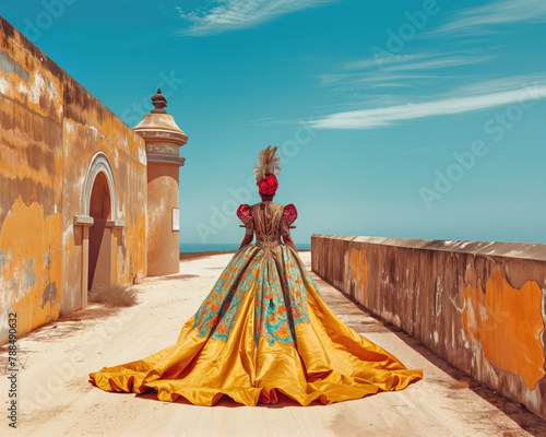 woman in a fanciful dress walking on a path in an old fort photo