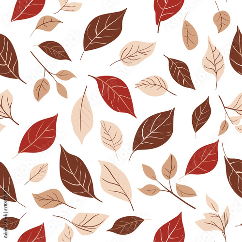 variety of autumn leaves in red  brown  and beige tones are scattered across a cool gray background