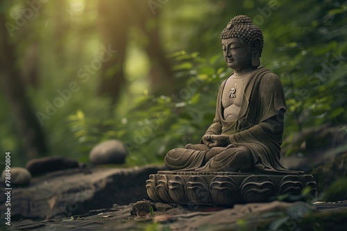 Buddha statue in the forest  sunlight shining on it  nature background  zen and calm atmosphere  serene  meditation pose  spiritual symbolism