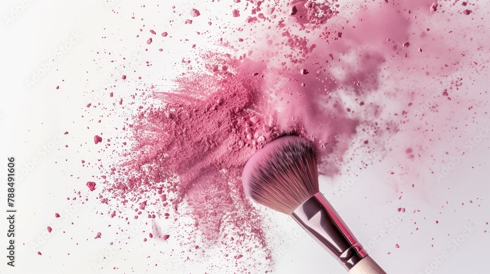 Fototapeta A makeup brush with pink powder on it, flying in the air, with a white background and wood handle. Generated by artificial intelligence.