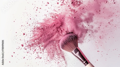 A makeup brush with pink powder on it, flying in the air, with a white background and wood handle. Generated by artificial intelligence.