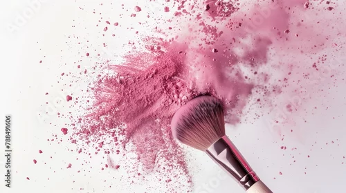 Obraz A makeup brush with pink powder on it, flying in the air, with a white background and wood handle. Generated by artificial intelligence.