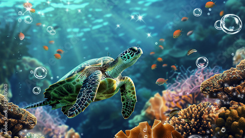 sea turtle swims gracefully among the coral reefs, its journey accentuated by bubbles and the filtered sunlight of the underwater world.
