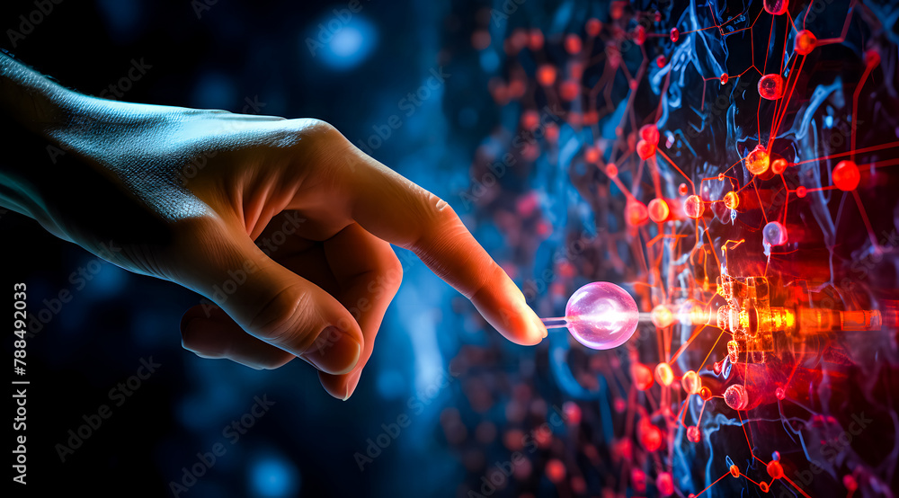 Artificial intelligence and machine learning technology with finger touching AI processor on electronic circuit. Engineer working with chatbot, smart assistant, innovative future concept Artificial intelligence and machine learning technology with finger touching AI processor on electronic circuit. Engineer working with chatbot, smart assistant, innovative future concept