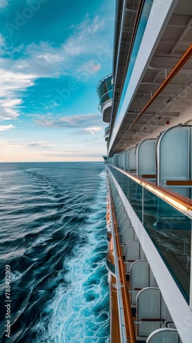 Luxury cruise ship at sea, endless ocean view, elegant, adventurous