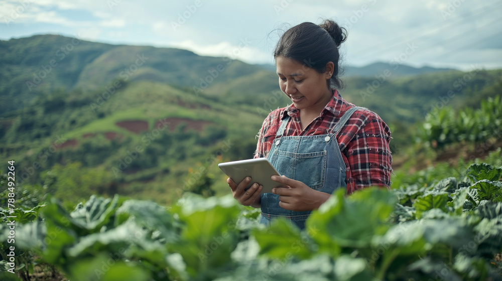 Against a backdrop of rolling hills, a female farmer consults her tablet, discussing sustainable practices with a diverse group of agricultural enthusiasts.