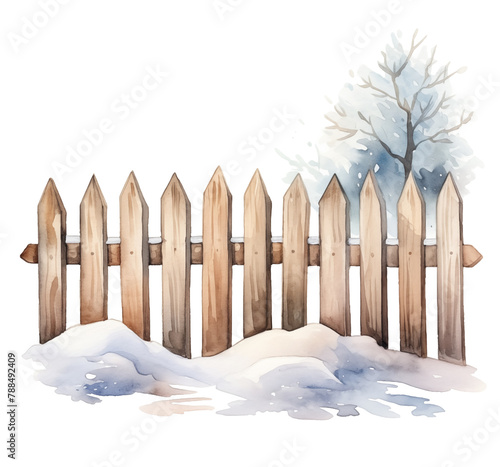 Watercolor winter snow-covered fence isolated on white background.  