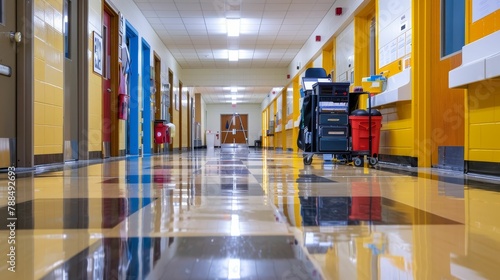Janitorial service cleaning a school after hours, essential, education, nightly photo