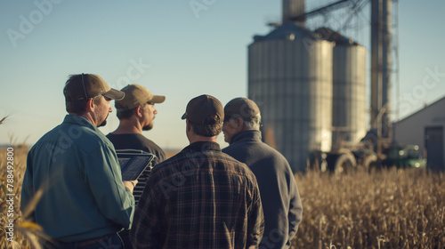 In the shadow of a massive grain silo, a group of farmers gathers around a businessman farmer, analyzing yield projections on a digital display amidst the hum of agricultural machi